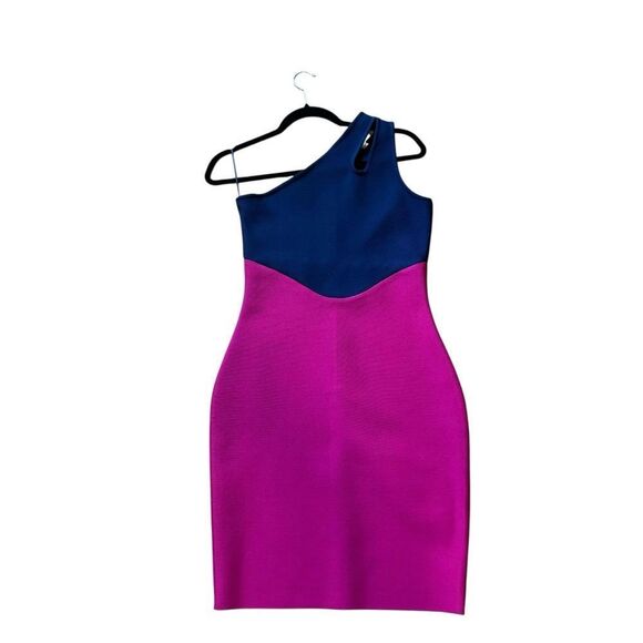 ALIEVA IRA TWO TONE BANDAGE Navy and Pink One-Shoulder Bodycon Mini Dress Size L - Picture 6 of 11